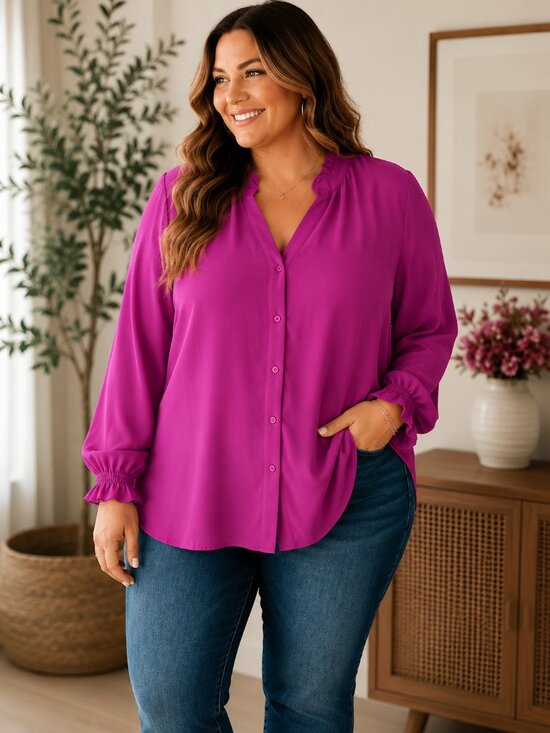 torrid Tops - NWT Torrid Georgette Button Down Blouse 2X Vivid Viola Ruffle Neck Plus78krf\u7/